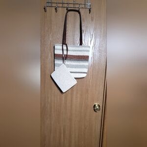 Striped Crochet Shoulder Bag&The Wristlet Set With Brown Leather Straps